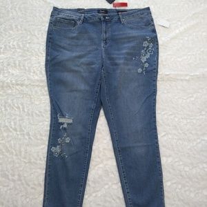 Distressed Embroidered Blue Floral Jeans NWT
